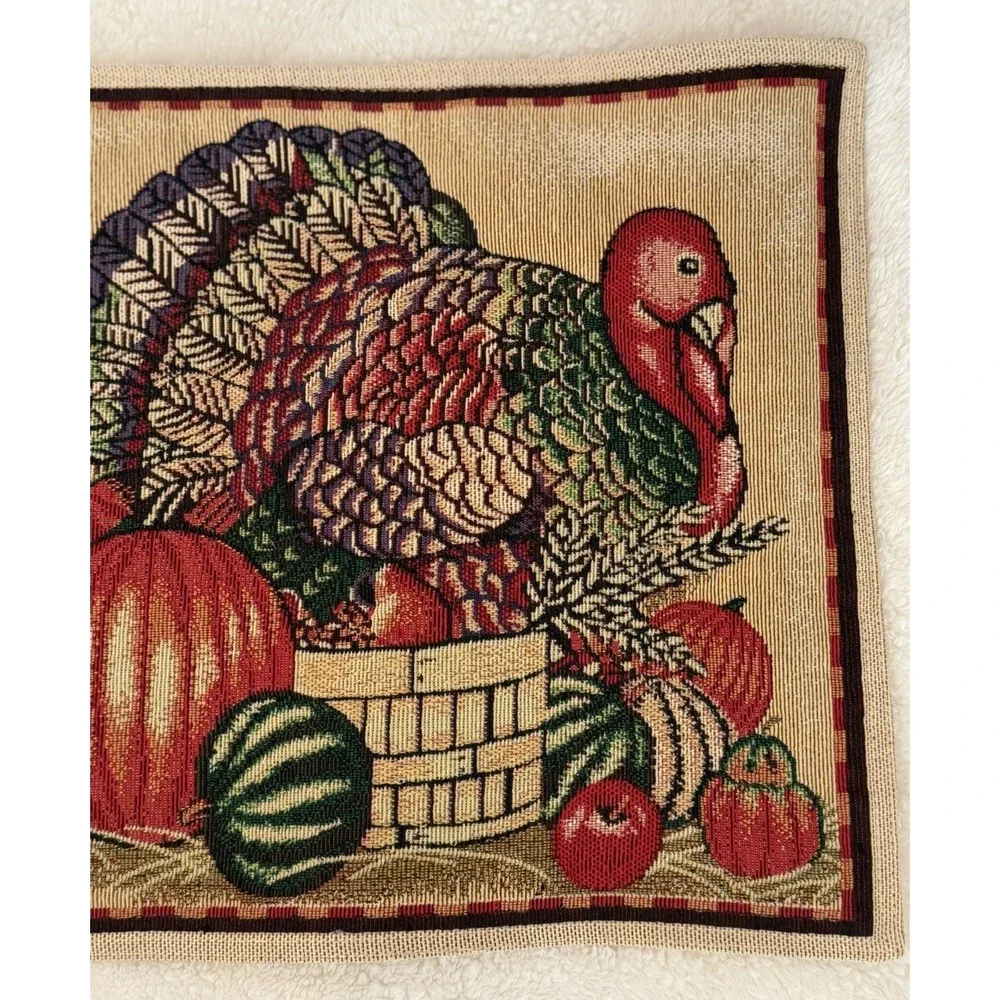 Fall/Harvest/Thanksgiving Woven Tapestry Table Runner 72x13‎ Turkey Pumpkins EUC